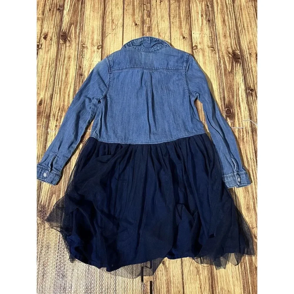 Kid Denim & Tulle Dress In Mosaic Blue Size 5
